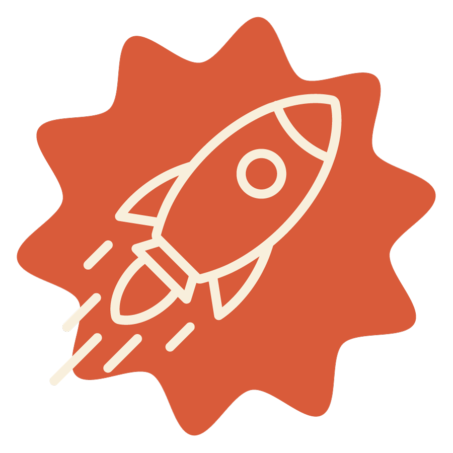 Simple badge with a white rocket icon