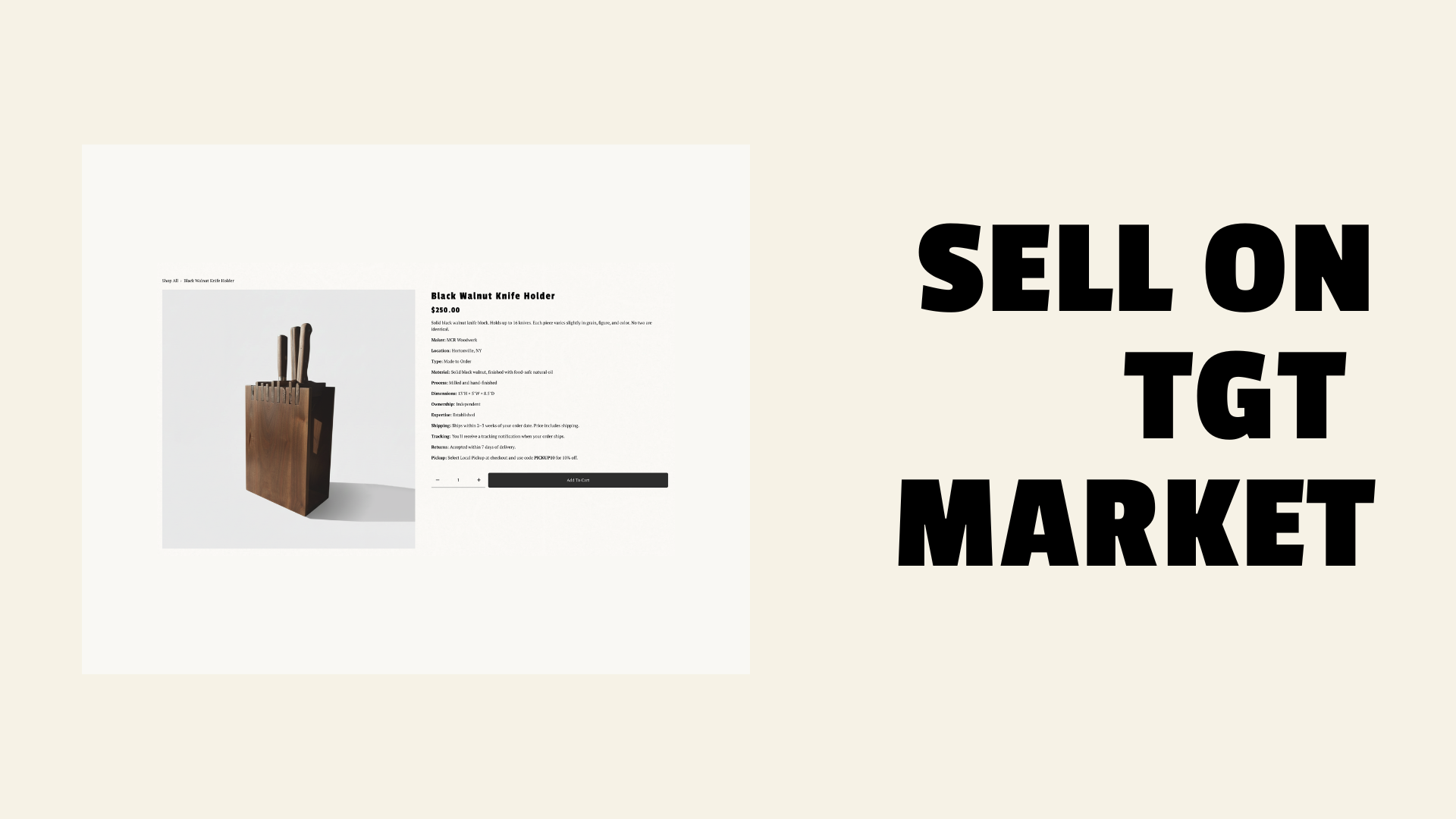 A screenshot of an online listing for a black walnut knife holder priced at $250, featuring an image of a wooden knife block with knives, and text details about the product including shipping, tracking, and pickup information.