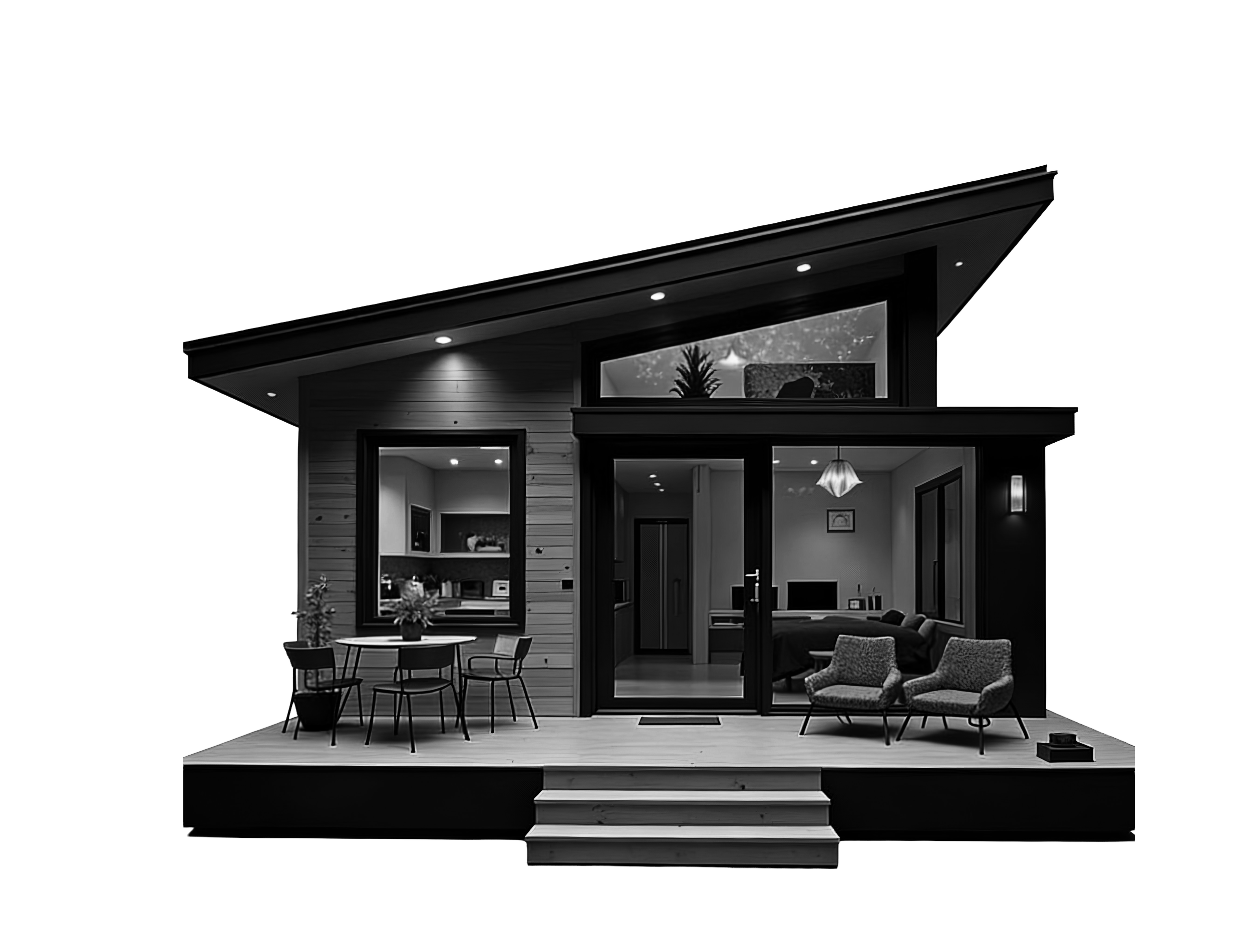 Skillion (one sided) designed to shed water and open the interior to light.