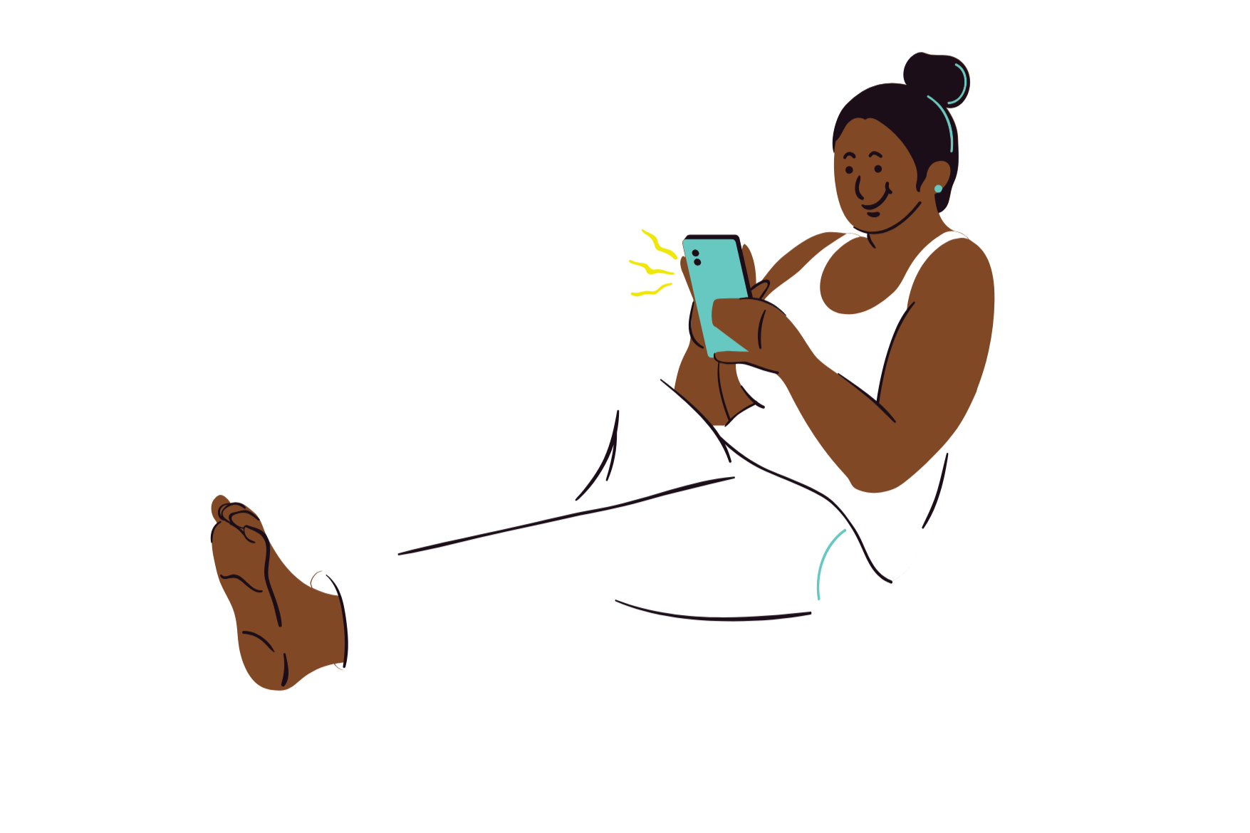 Illustration of a woman with brown skin, black hair tied in a bun, wearing a white sleeveless top and white pants, sitting with legs extended, looking at her phone and smiling.
