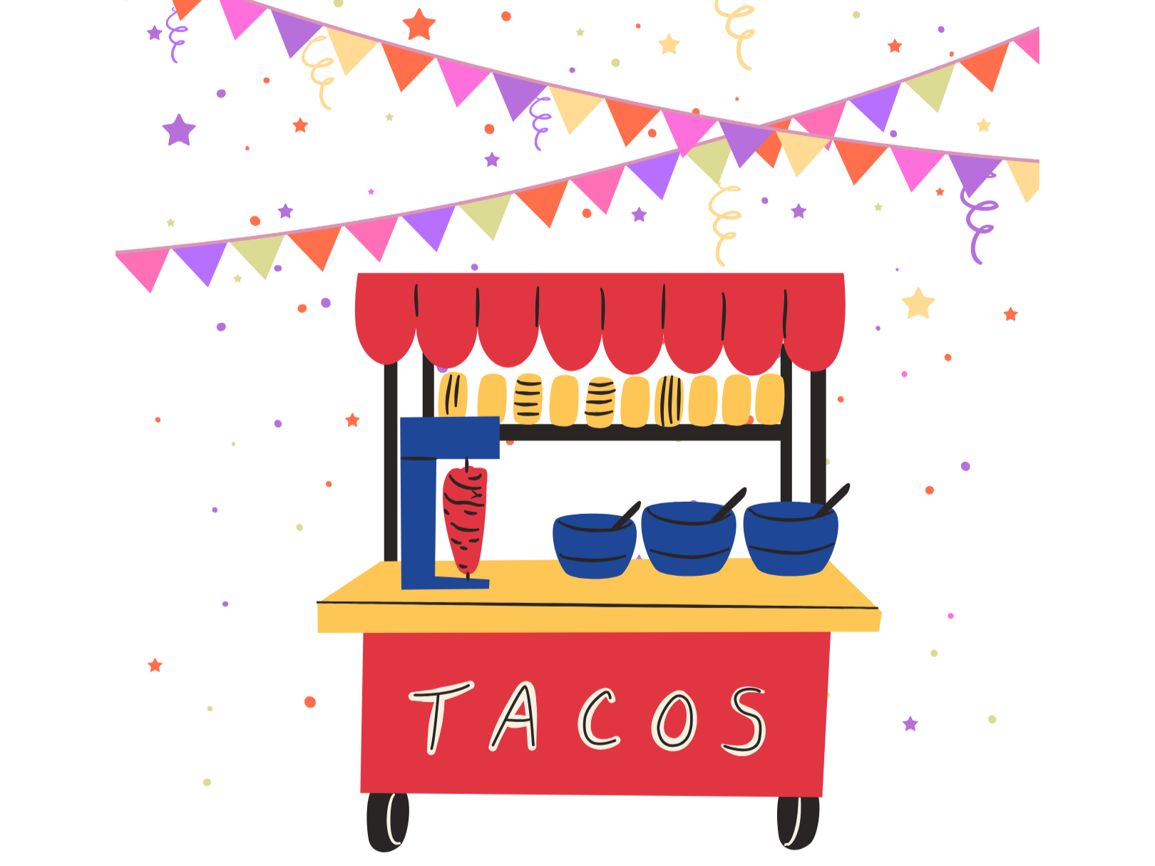 Cartoon street food kiosk with a red sign that says 'TACOS', a red roof, and a counter with three blue bowls and a drink container.