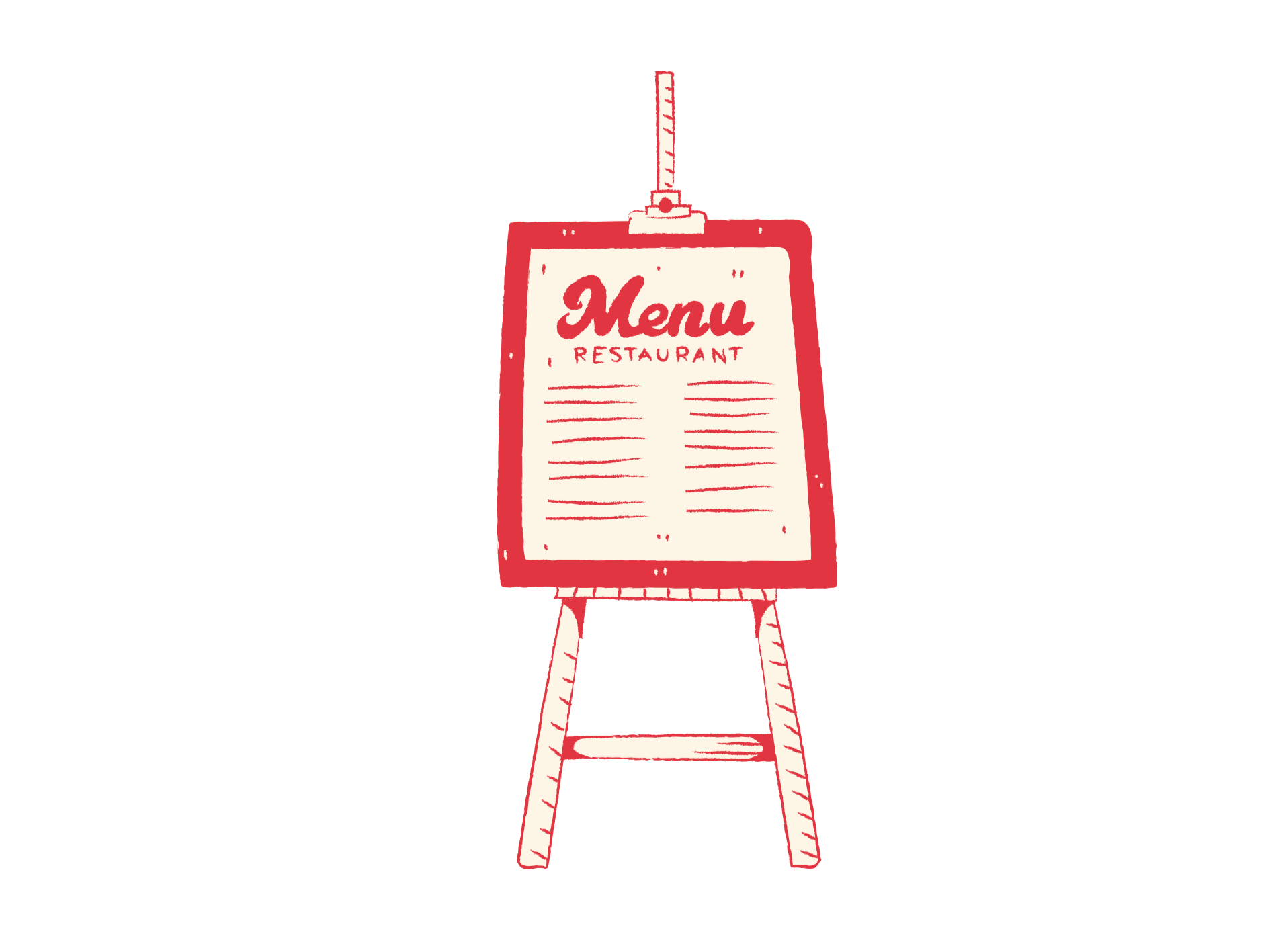 Illustration of a restaurant menu on an A-frame stand with a red border, displaying the words 'Menu Restaurant' and lines representing menu items.