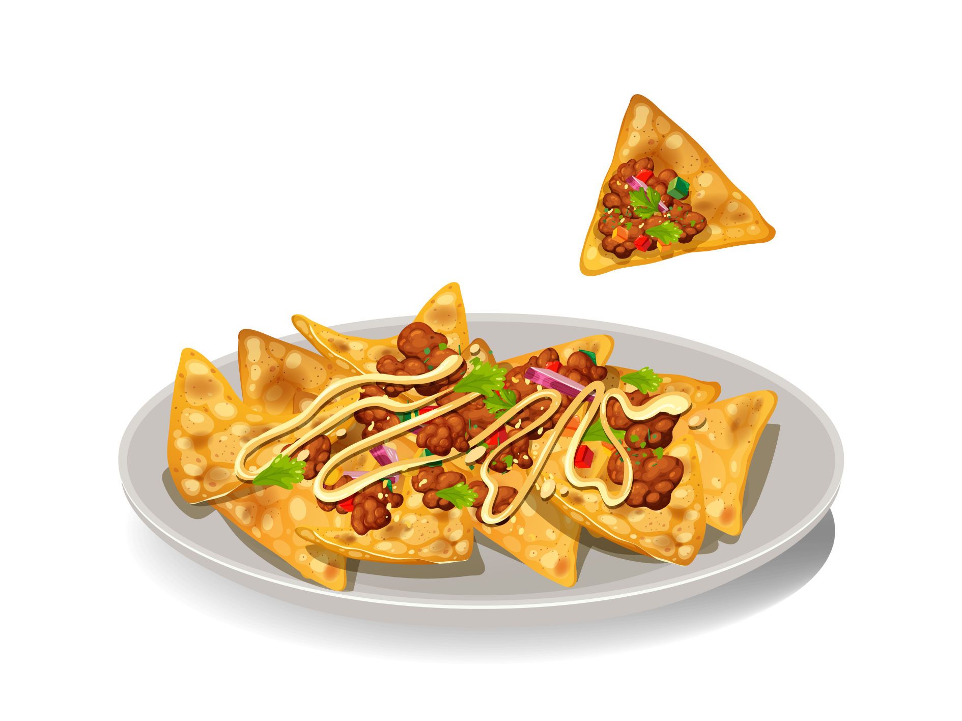 Plate of nachos topped with ground beef, melted cheese, jalapeños, chopped red onions, cilantro, and drizzled with sour cream.