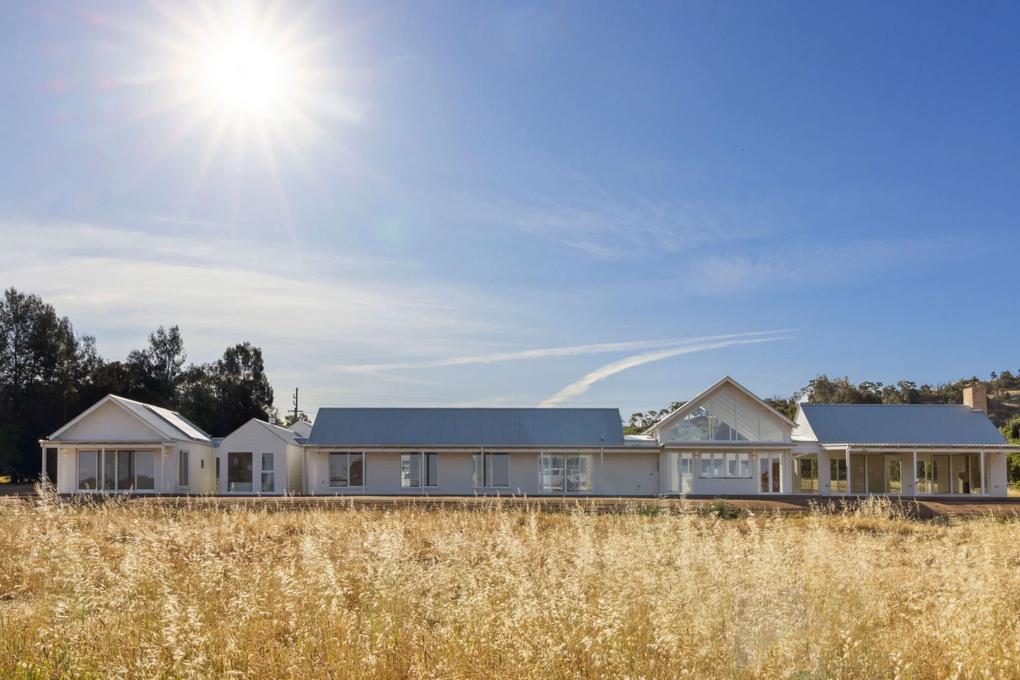 A modern, white, single-story house with a metal roof surrounded by a field of dry grass, under a clear blue sky with the sun shining brightly.