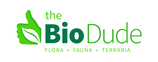 Logo for 'The BioDude' featuring a green hand giving a thumbs-up with a leaf, and text that says 'the BioDude' and 'Flora, Fauna, Terraria'.