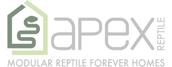 A logo for Apex Modular Reptile Homes, featuring a stylized house outline with a snake inside, and the company name in bold letters with the tagline "Modular Reptile Forever Homes."