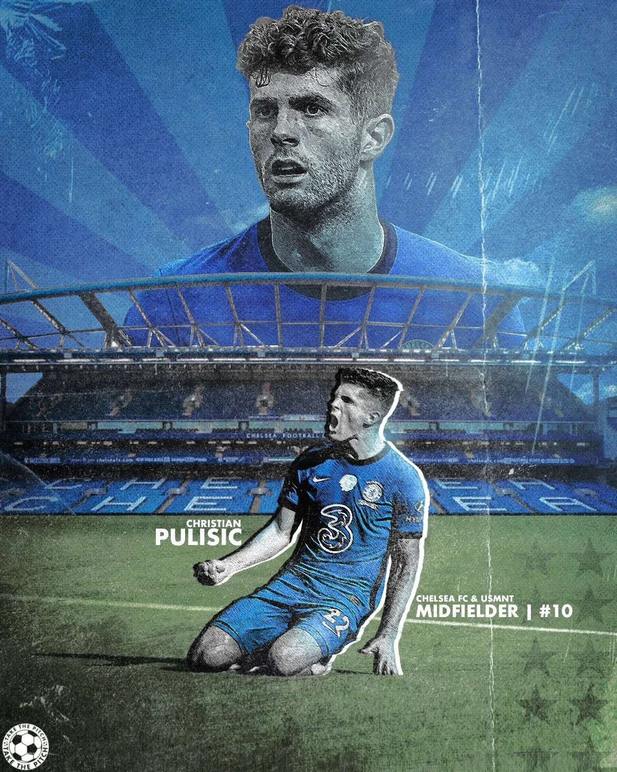 A collage featuring Christian Pulisic, a soccer player. The stadium with blue seats and part of the field are visible in the background, with the player kneeling on the grass, wearing a blue Chelsea FC jersey with the number 10. The large background image shows a close-up of Pulisic’s face.