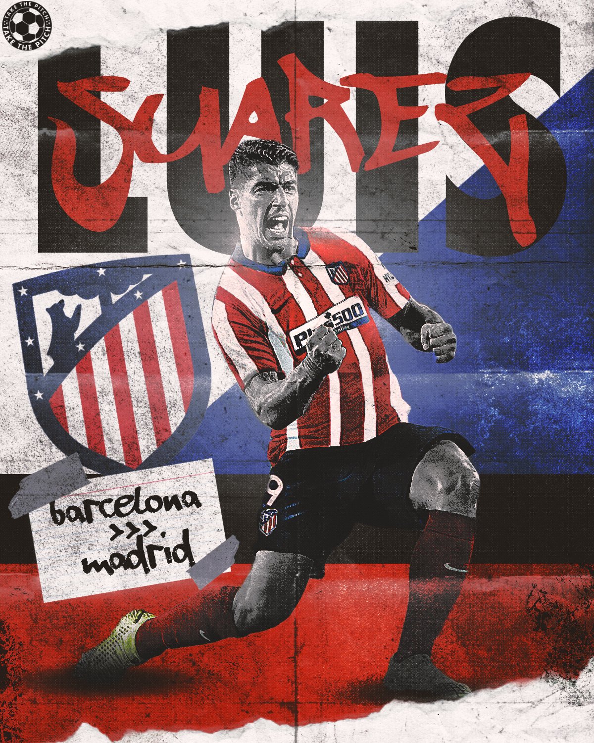 Luis Suarez celebrating in front of a background featuring the Atlético Madrid logo. The player is wearing a red and white striped jersey, black shorts, and yellow cleats. This design shows his transfer to Atletico Madrid.