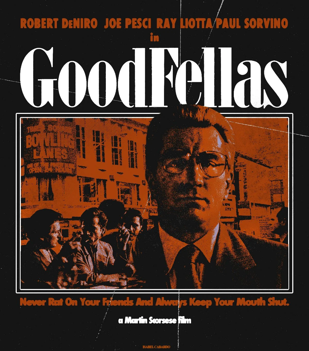 Movie poster for 'Goodfellas' featuring a man with glasses in the foreground and a group of people sitting at a table in the background, with text indicating the cast and tagline.