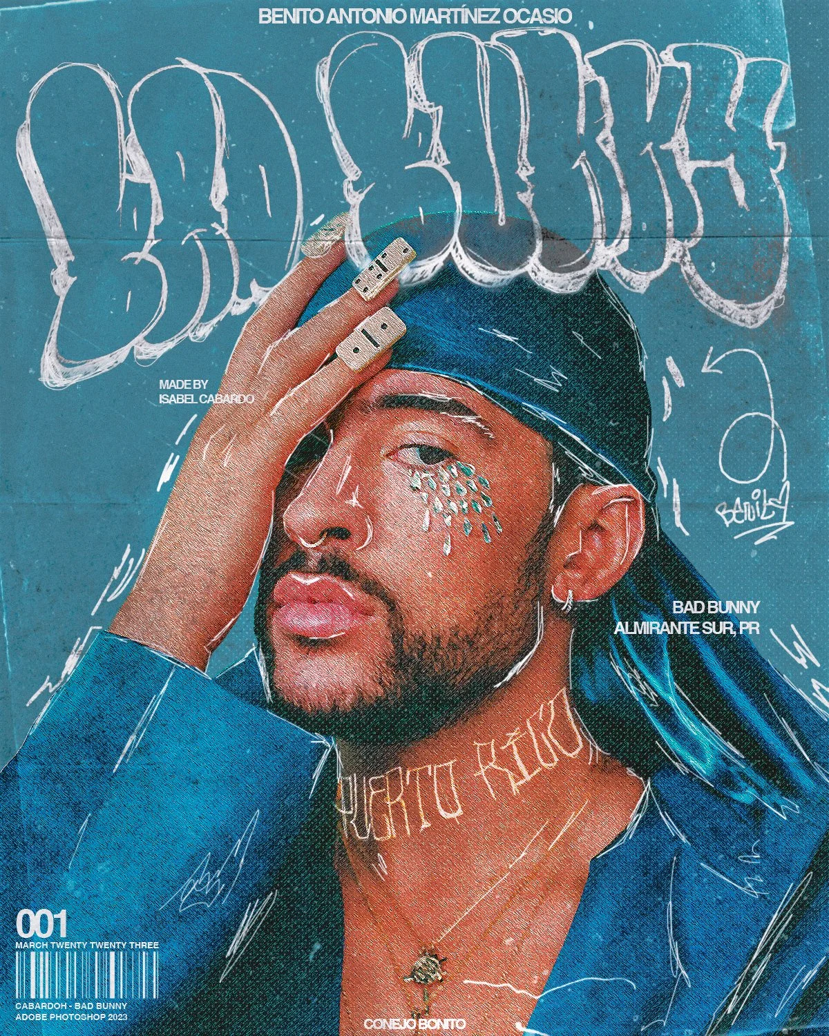 A stylized illustration of Bad Bunny. The background features graffiti-style writing, with the title 'BAD BUNNY' written in the top left. The style mimics a comic book or digital art.