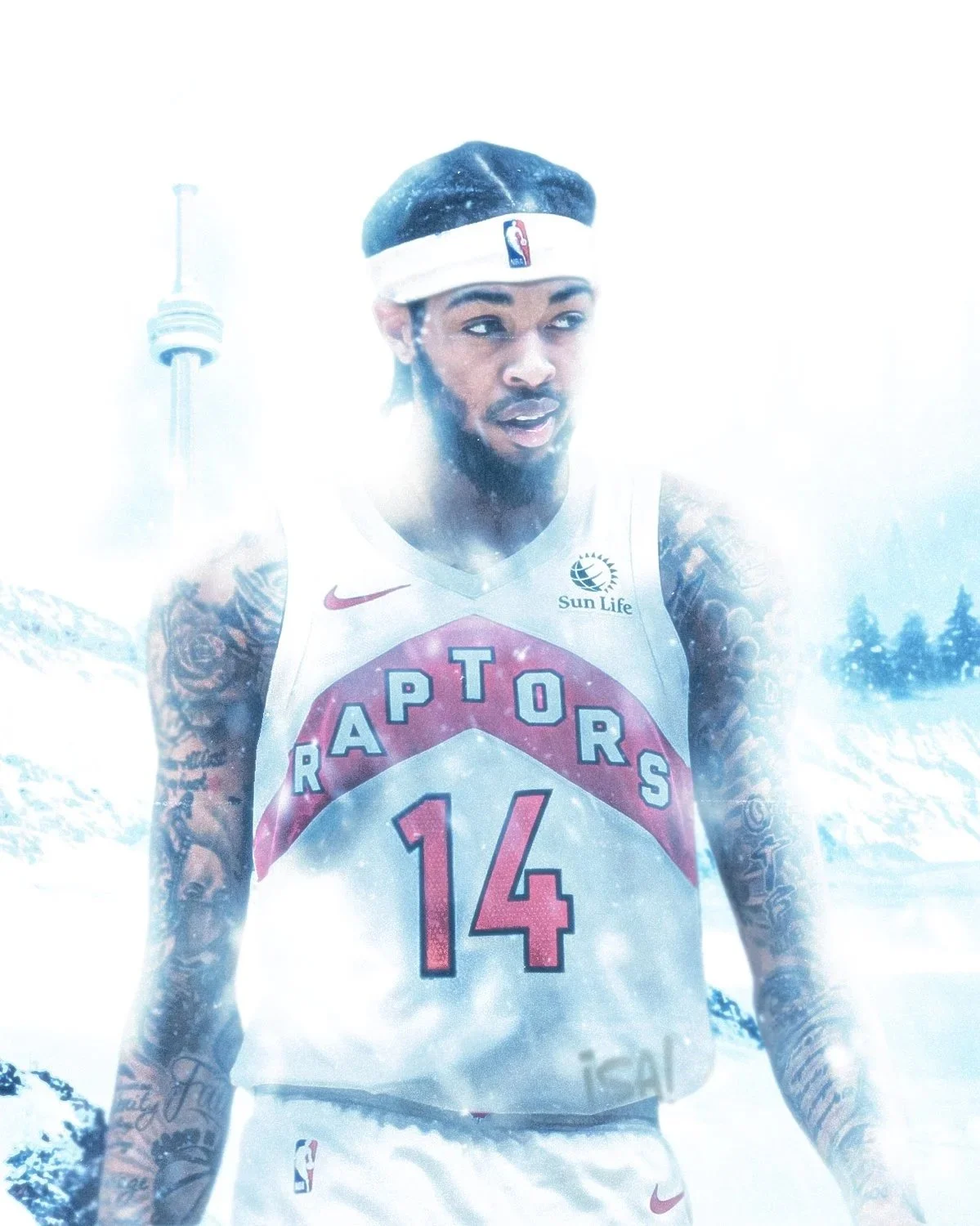 A male basketball player wearing a Toronto Raptors jersey and a headband, standing outdoors in a snowy landscape.