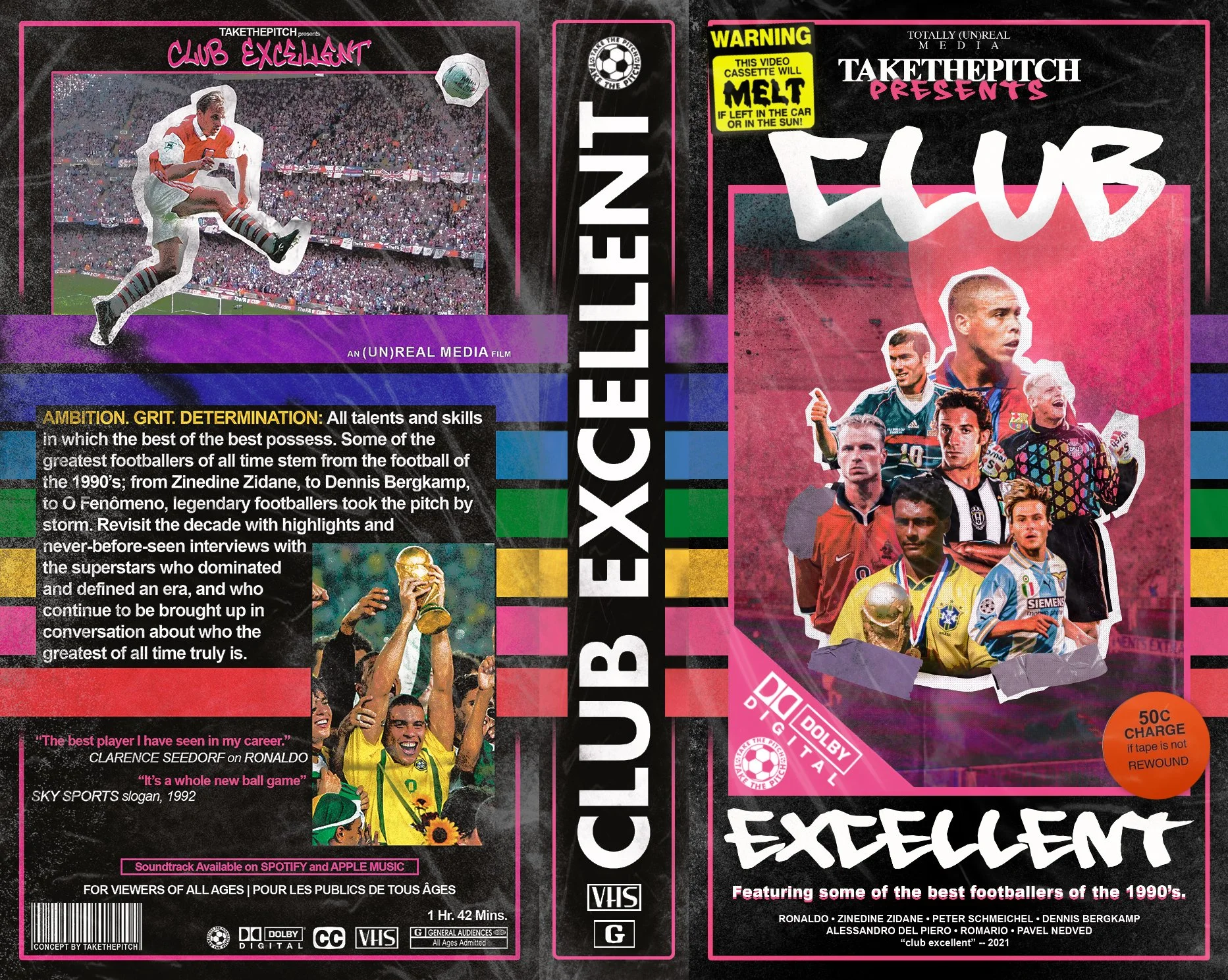 Cover of a concept VHS tape titled 'Club Excellent.' The cover features images of legendary football players from the 1990s, including Ronaldo, Zinedine Zidane, Peter Schmeichel, Dennis Bergkamp, Alessandro Del Piero, and Pavel Nedved.