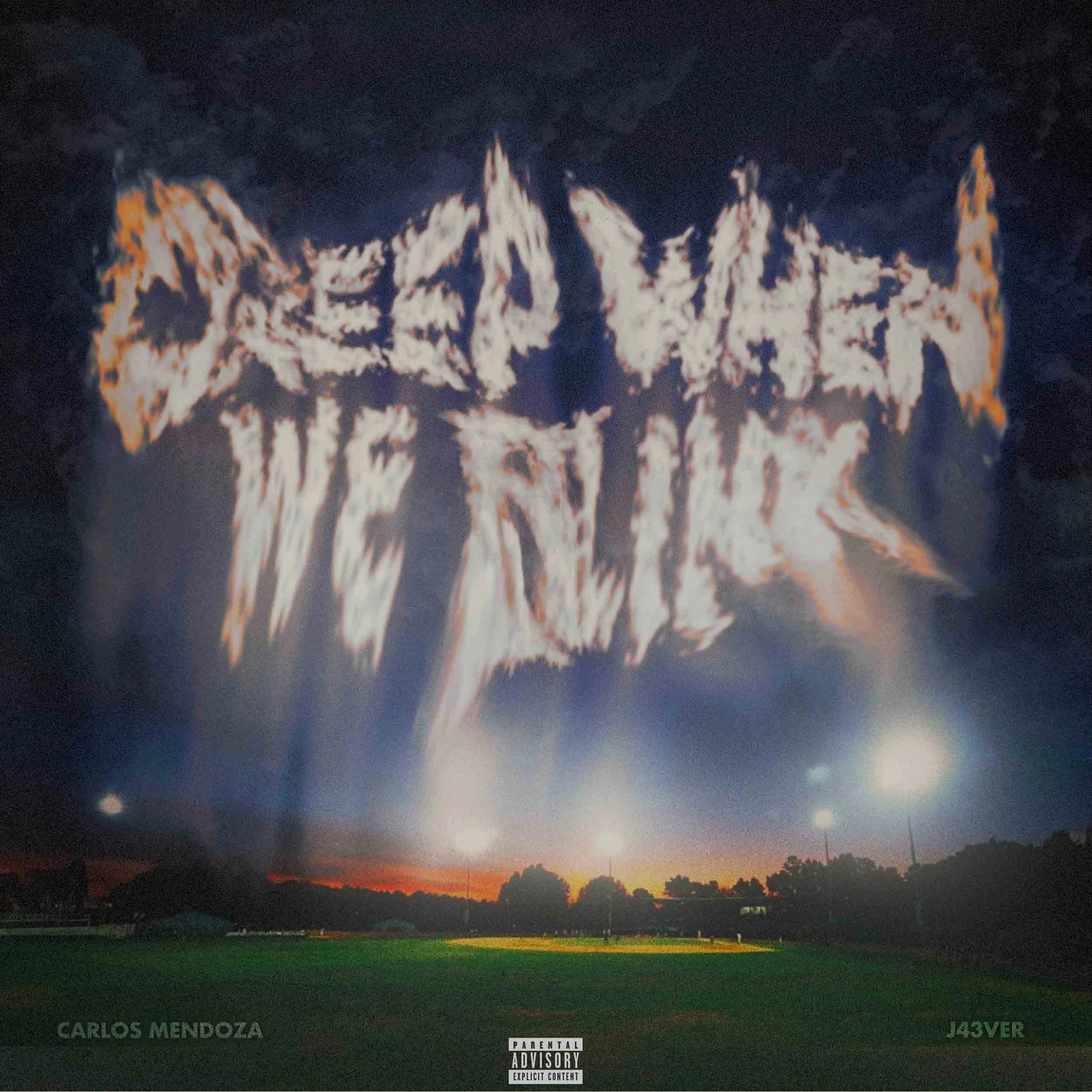 Album cover with the words 'Creep When We Blink' written in a soft, cloud-like font, over a background of a dark, cloudy sky with spotlights and a grassy field.