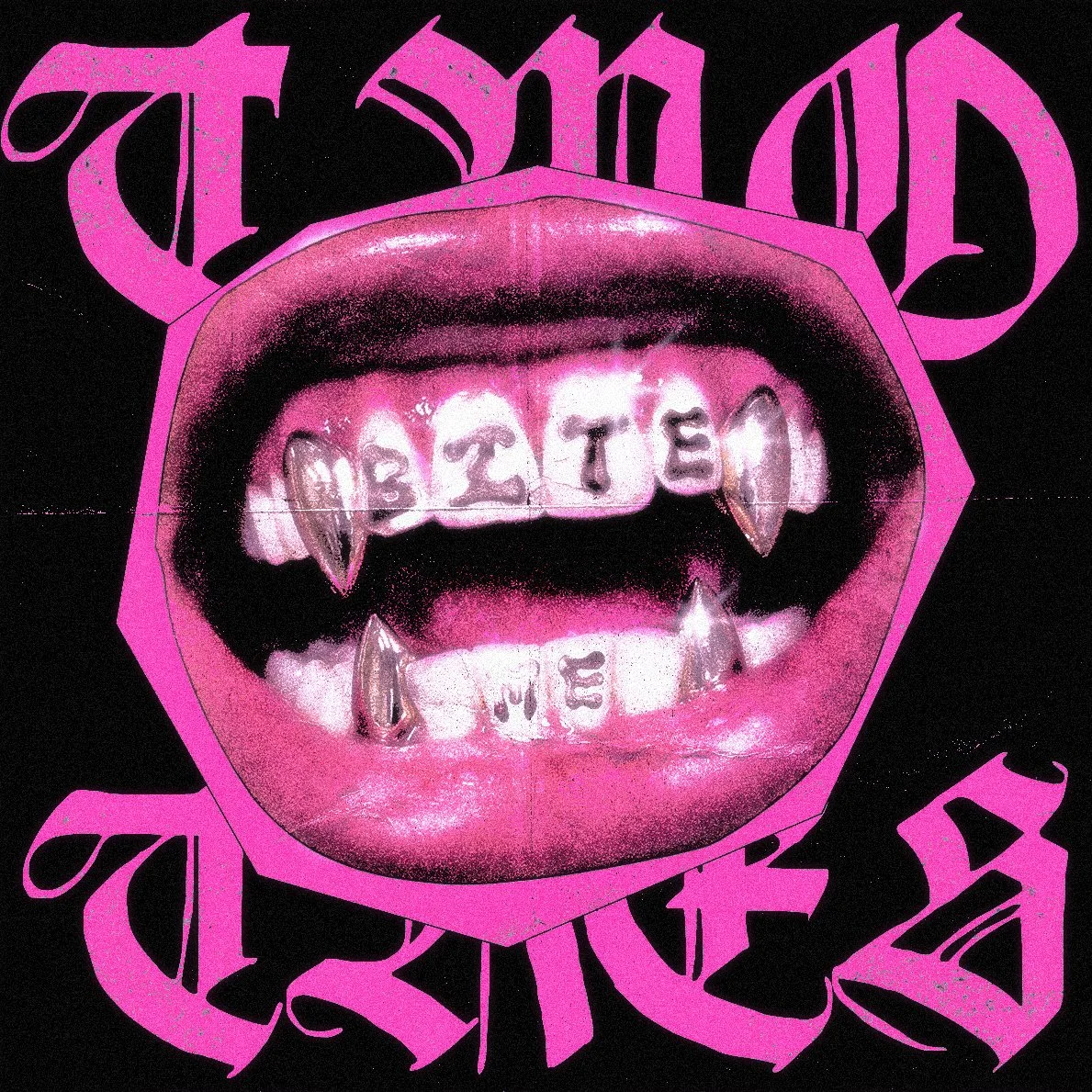 An illustration of an open mouth with pink lips, showing teeth and tongue. The teeth have words written on them, and there are metallic fangs on the top and bottom. The background features stylized pink Gothic-style text.