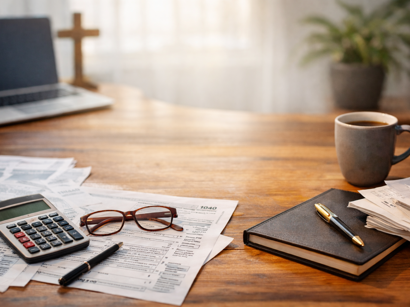 Desk with financial papers, calculator, notebook, and laptop representing organized financial planning.