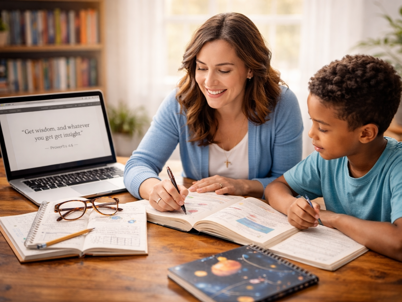 Adult supporting a student with learning activities at a table with books and a laptop.