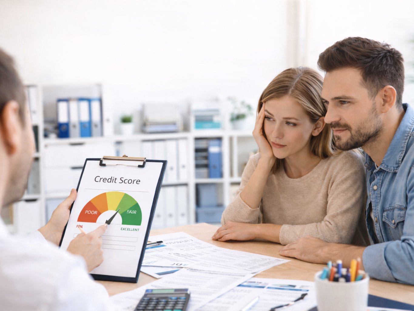 Credit support consultation with clients reviewing financial information during a guided discussion.