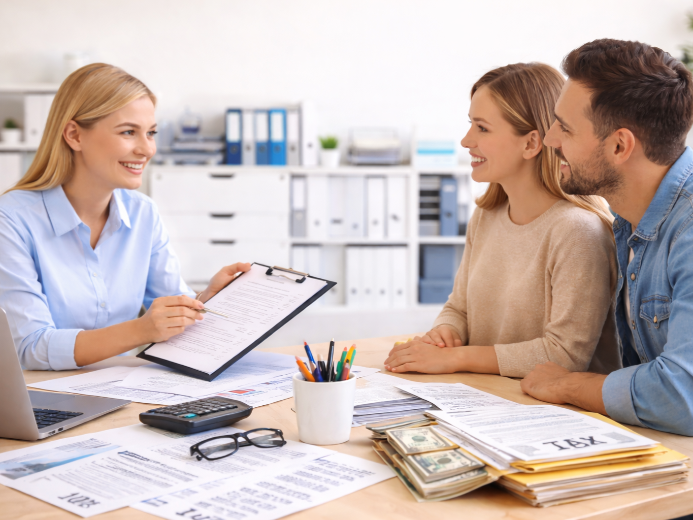 Tax professional meeting with clients to review financial documents during a tax preparation consultation.