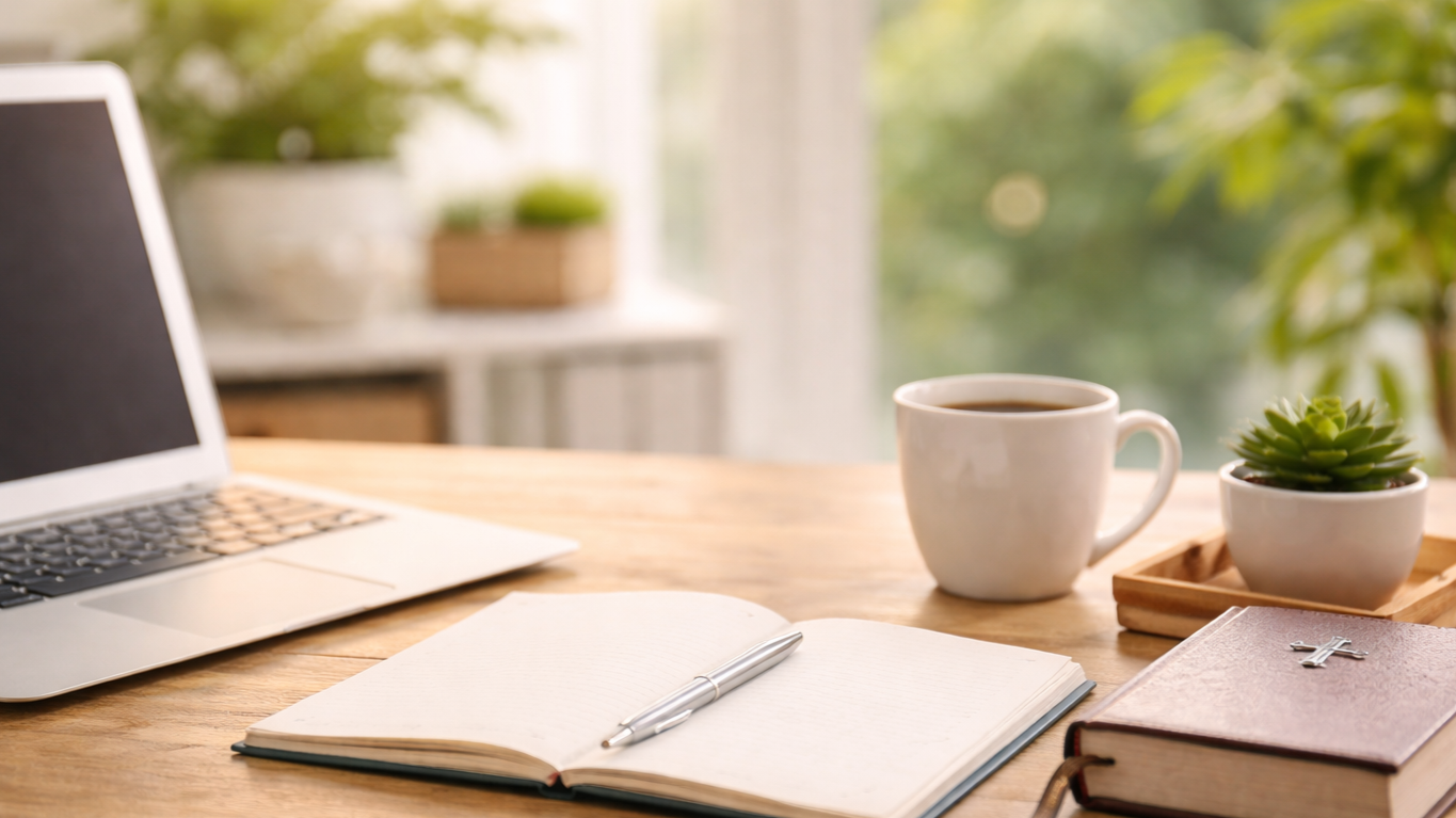Organized workspace with notebook, laptop, and coffee mug, representing thoughtful planning and faith-centered service.