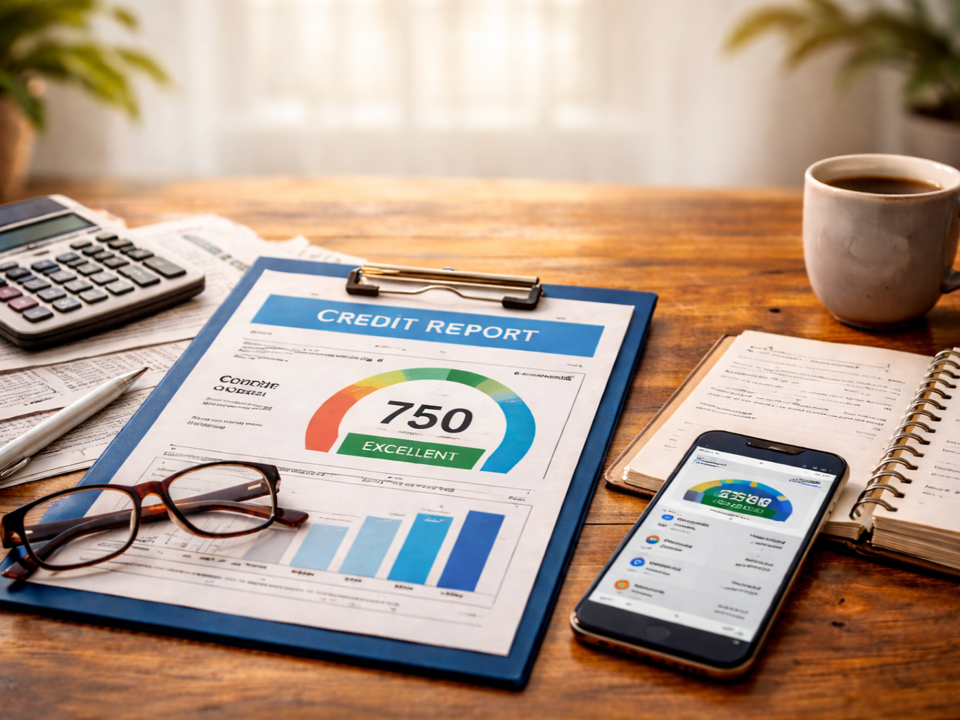 Workspace with credit-related documents, calculator, and notebook representing financial review and organization.