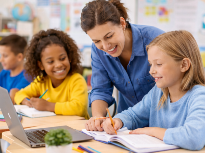 Teacher supporting students during a small-group learning session in a classroom setting.