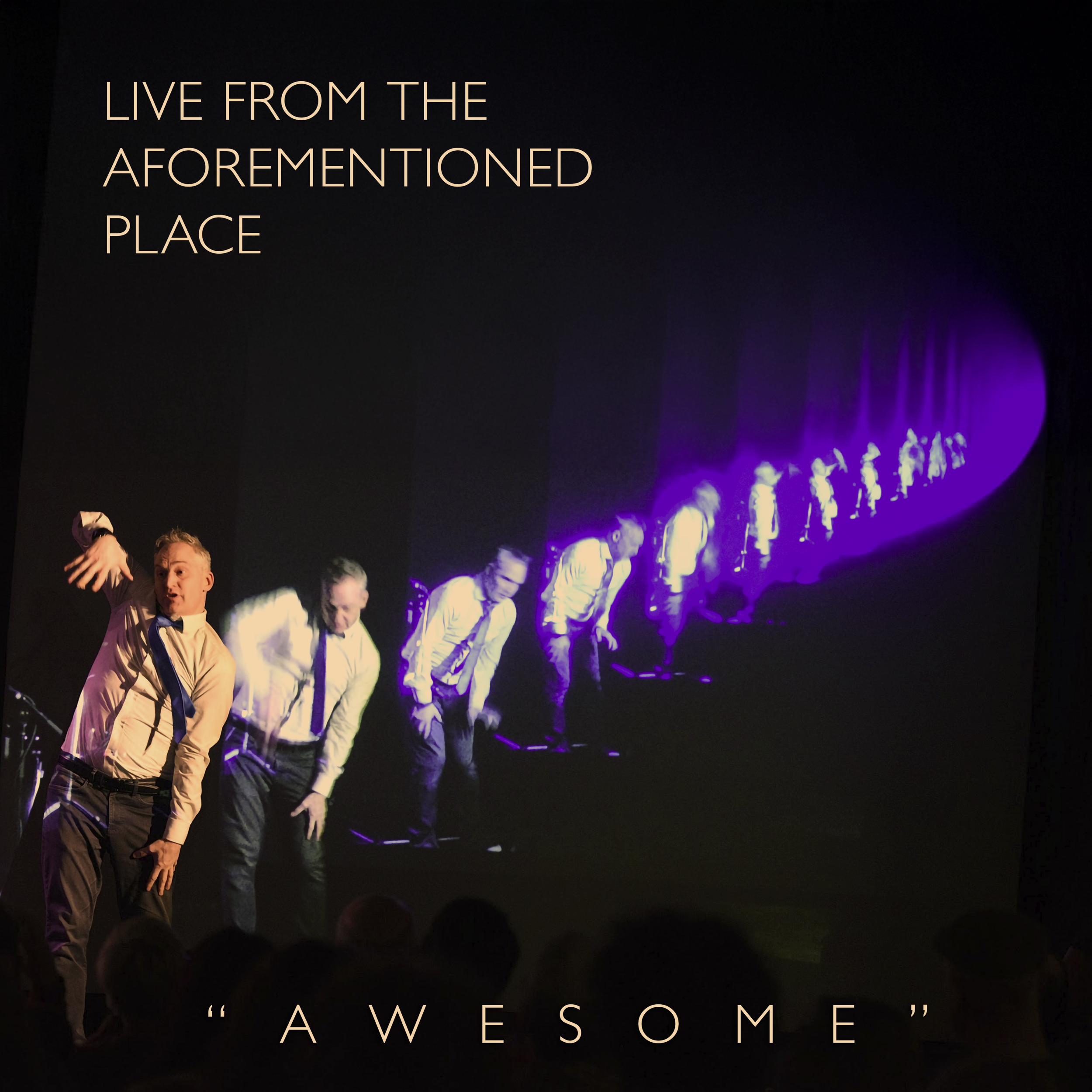 A man in a shirt and tie dancing in front of a screen with cloned pictures of himself