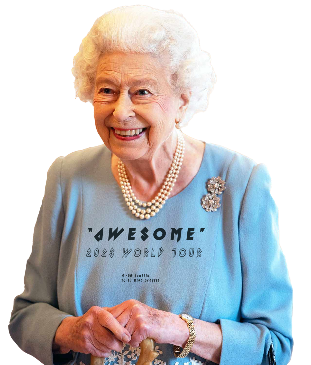A smiling elderly woman with white hair, wearing a light blue suit with a brooch and a pearl necklace, holding a walking cane, with text overlay for a 2023 world tour event in Seattle.