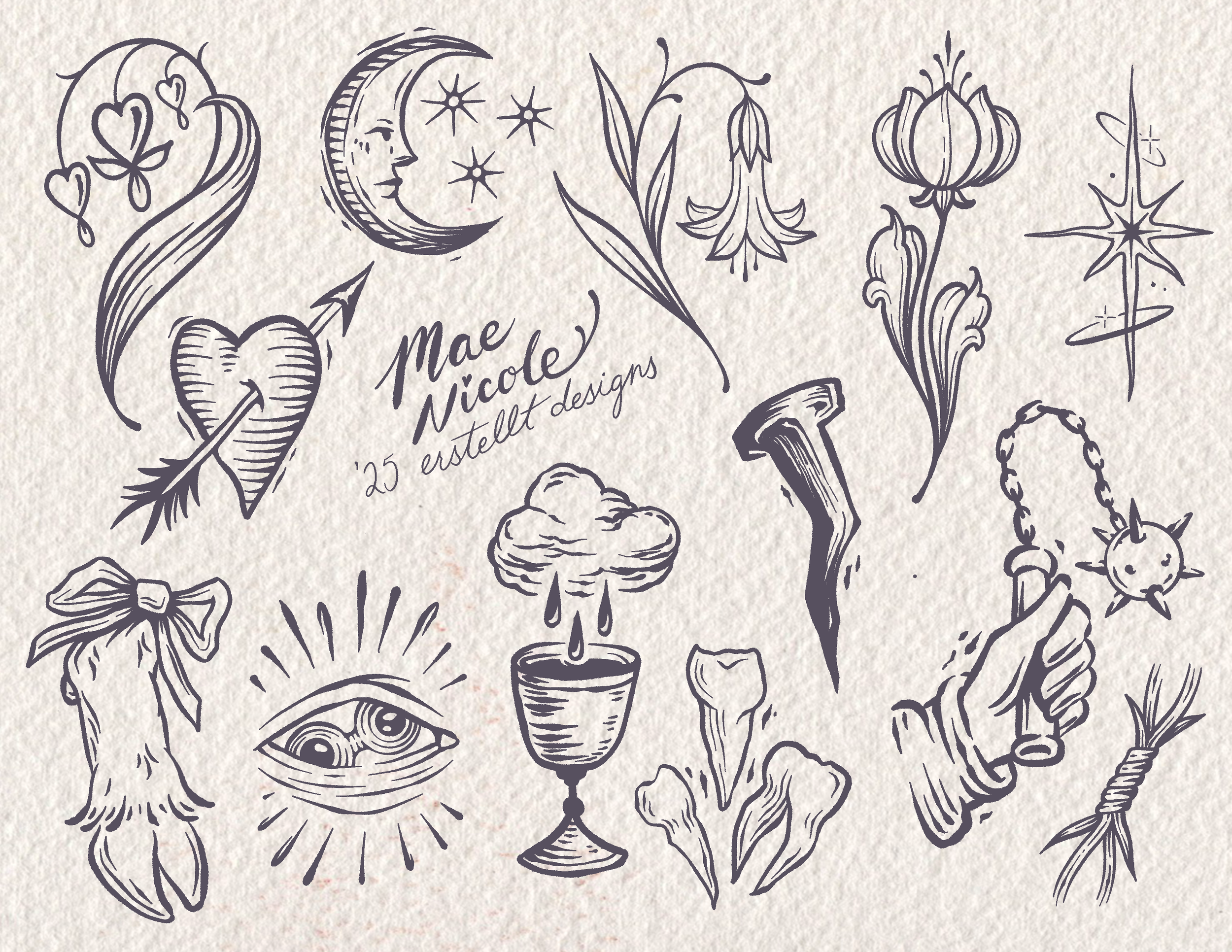 Collection of black ink tattoo-style sketches including a heart with arrow, a crescent moon with a face and stars, various flowers, a magic wand, an eye with radiating lines, a cloud with raindrops in a cup, a wrapped bundle, and a hand holding a wand with a spiked ball.