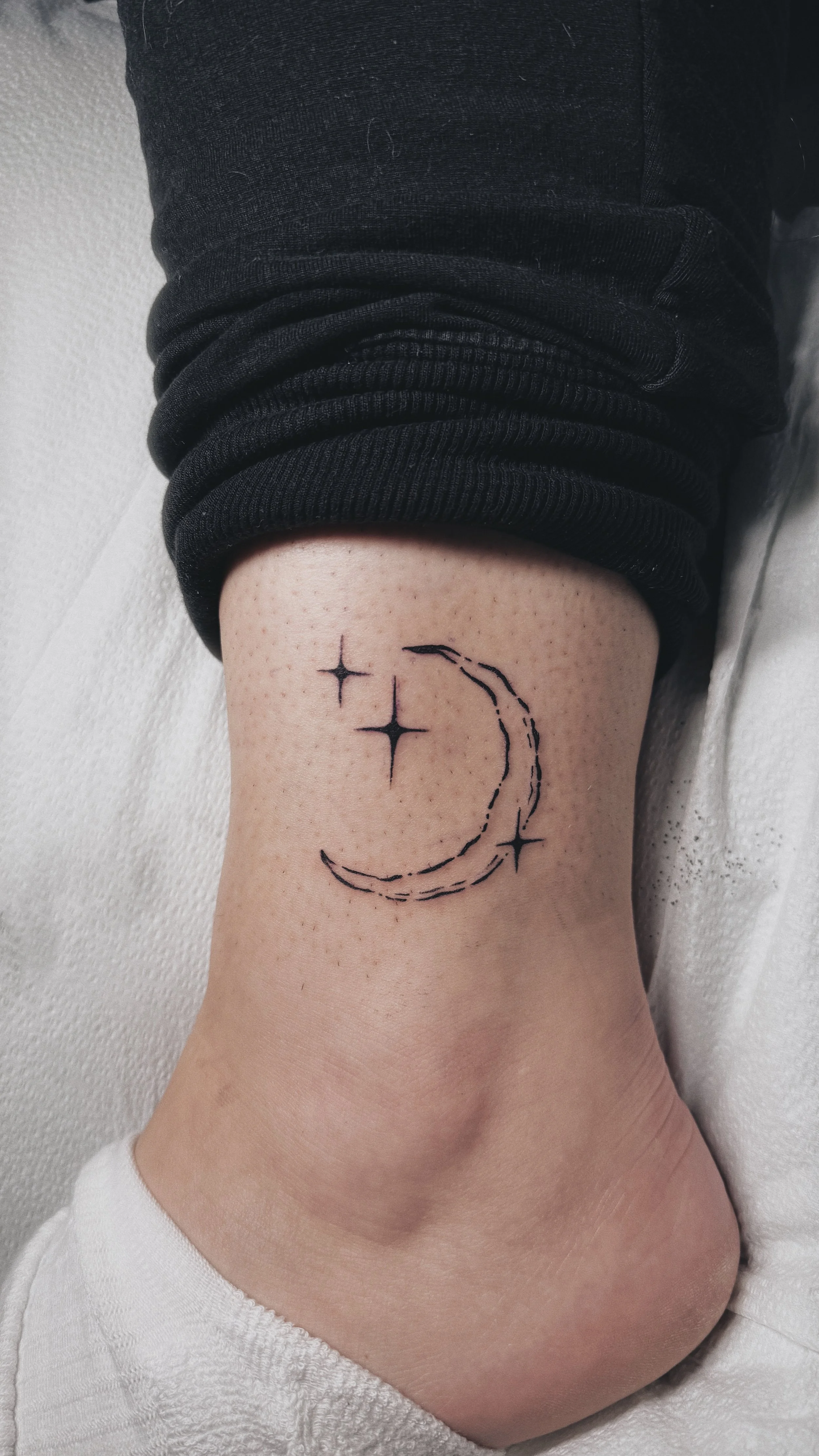 Woodcut inkblot medieval blackwork linework folk art moon tattoo with stars