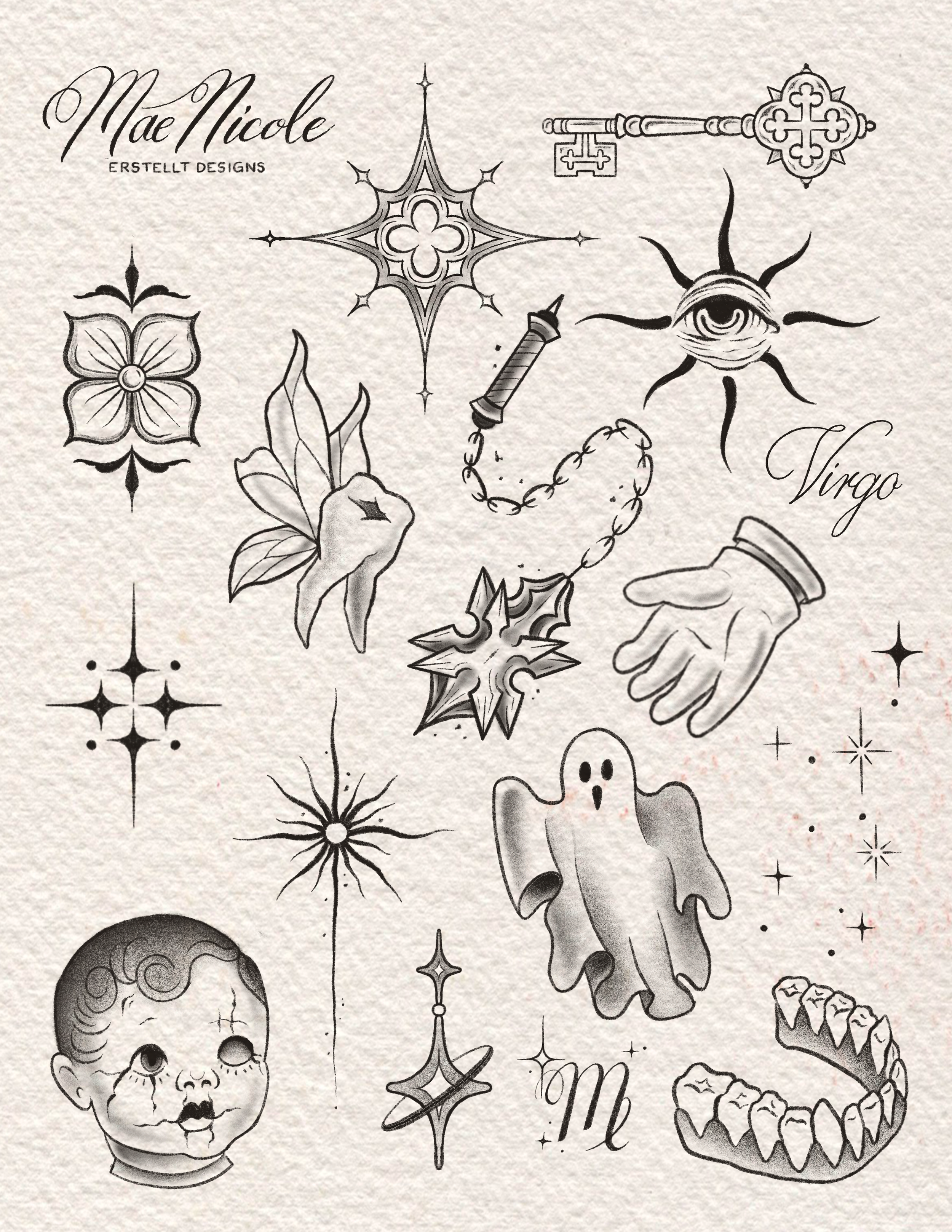Set of black and white tattoo-style illustrations, including flowers, a key, an eyeball with rays, a hand, a ghost, celestial stars, a baby's face, and zodiac symbols for Virgo and Scorpio.
