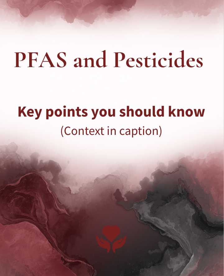 Cover slide for a presentation titled "PFAS and Pesticides" with subtitle "Key points you should know" and a note about context in caption, featuring a marbled background with shades of red, black, and gray, and a small heart icon at the bottom.