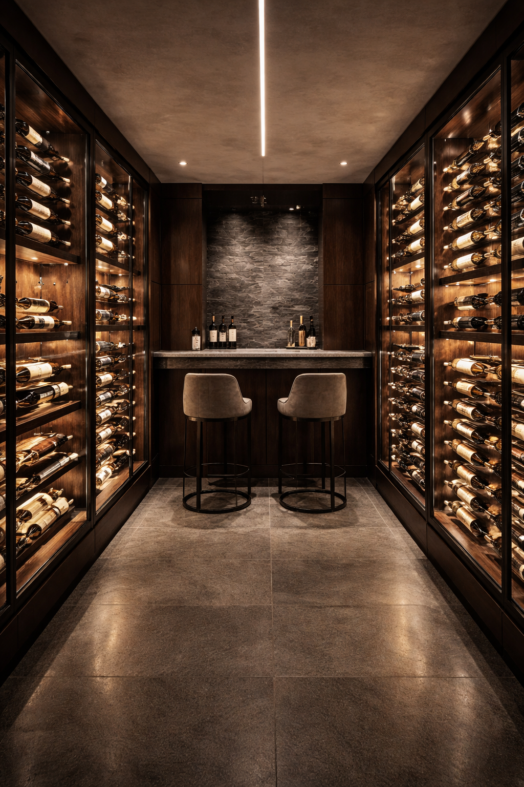 Custom wine cellar and private home bar with integrated storage, ambient lighting, and refined residential interior design.