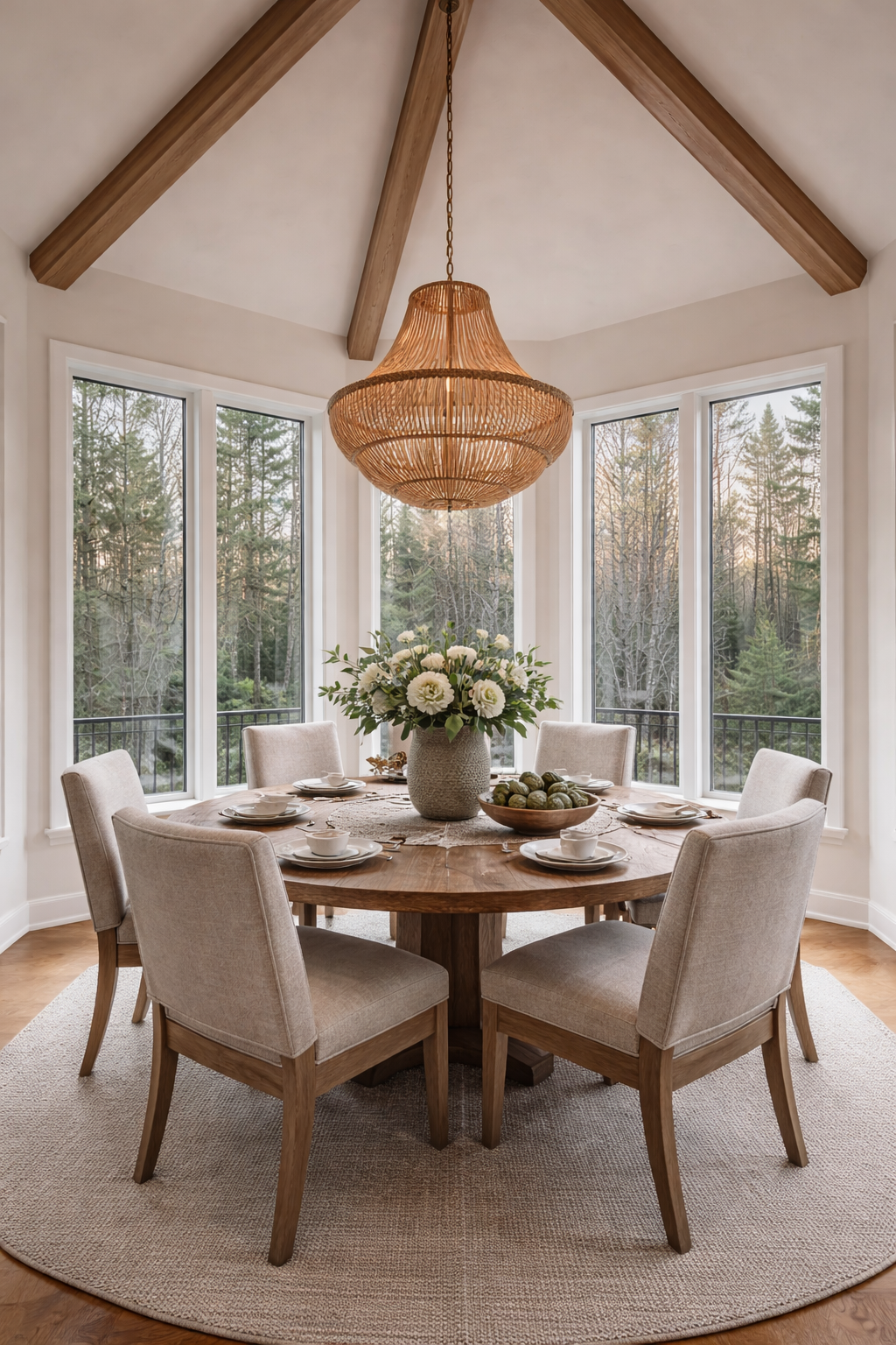Dining area designed with natural materials, warm textures, and expansive windows overlooking a wooded landscape.