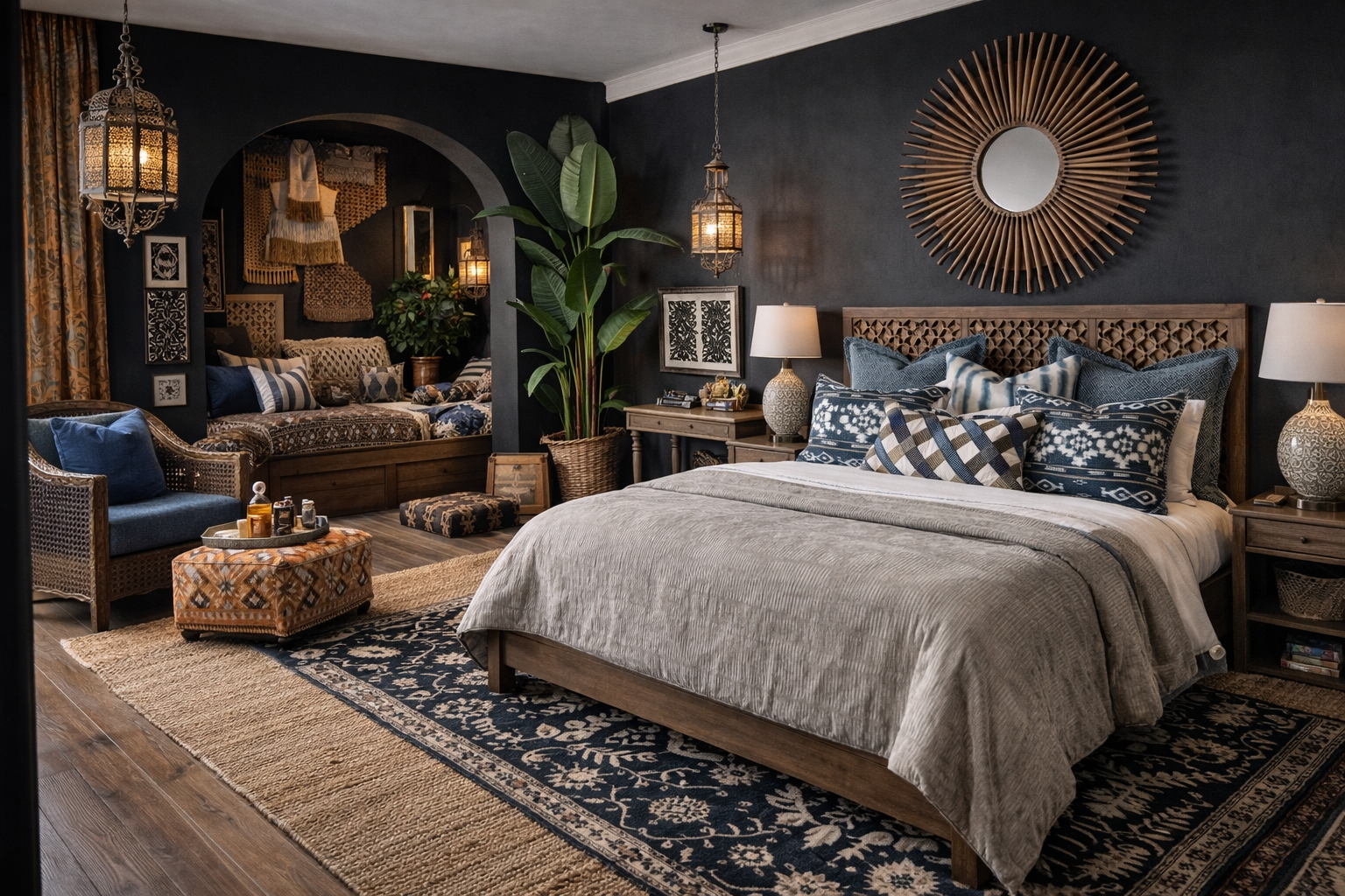 Sophisticated master bedroom interior featuring layered textures, custom furnishings, and warm modern residential design.