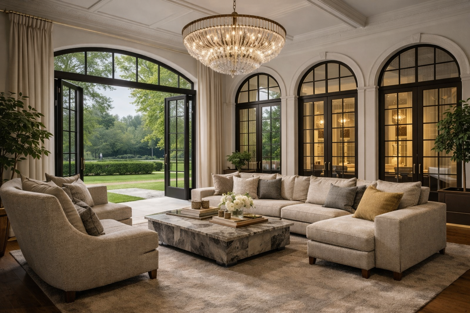 Integrated interior and landscape design for a luxury residential living space in Lake Norman, featuring seamless indoor–outdoor connection and refined architectural details.
