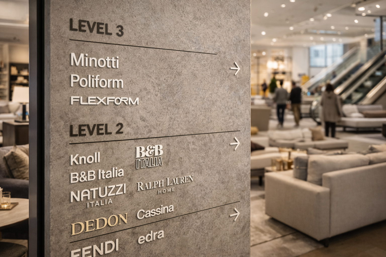 High-end furniture procurement and interior design consulting with curated brand selection at international design showrooms