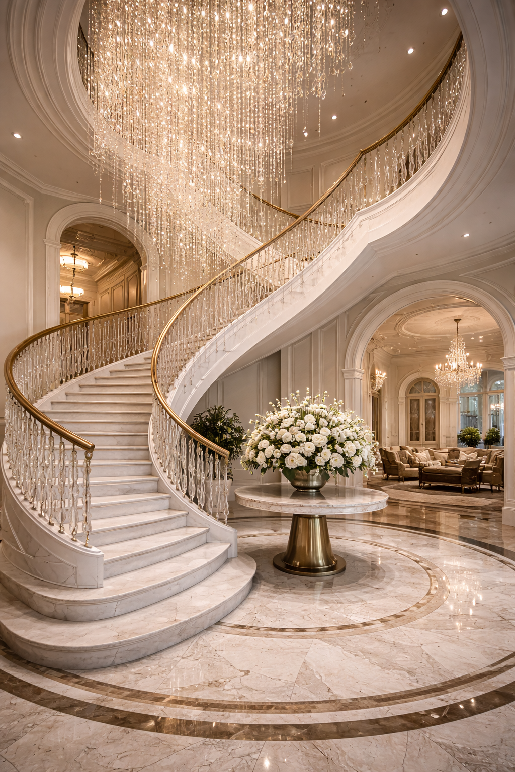 Grand residential interior featuring a sculptural curved staircase, crystal chandelier, and refined luxury architectural detailing.