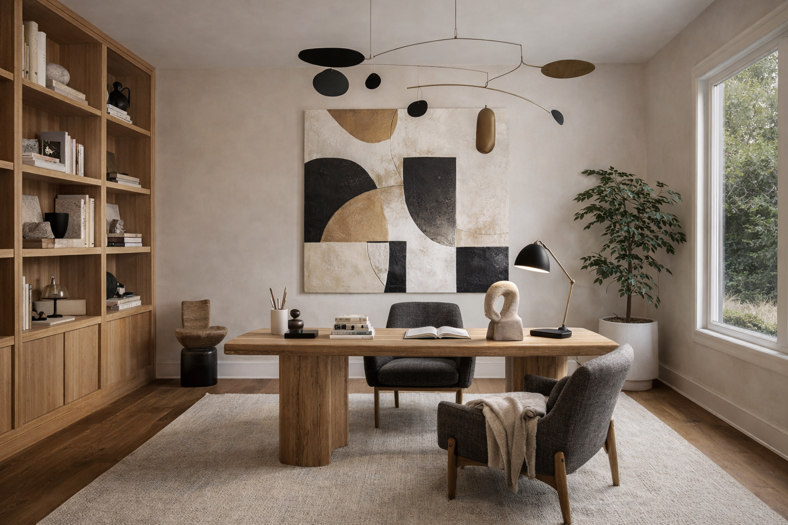 Dining area designed with natural materials, warm textures, and expansive windows overlooking a wooded landscape.