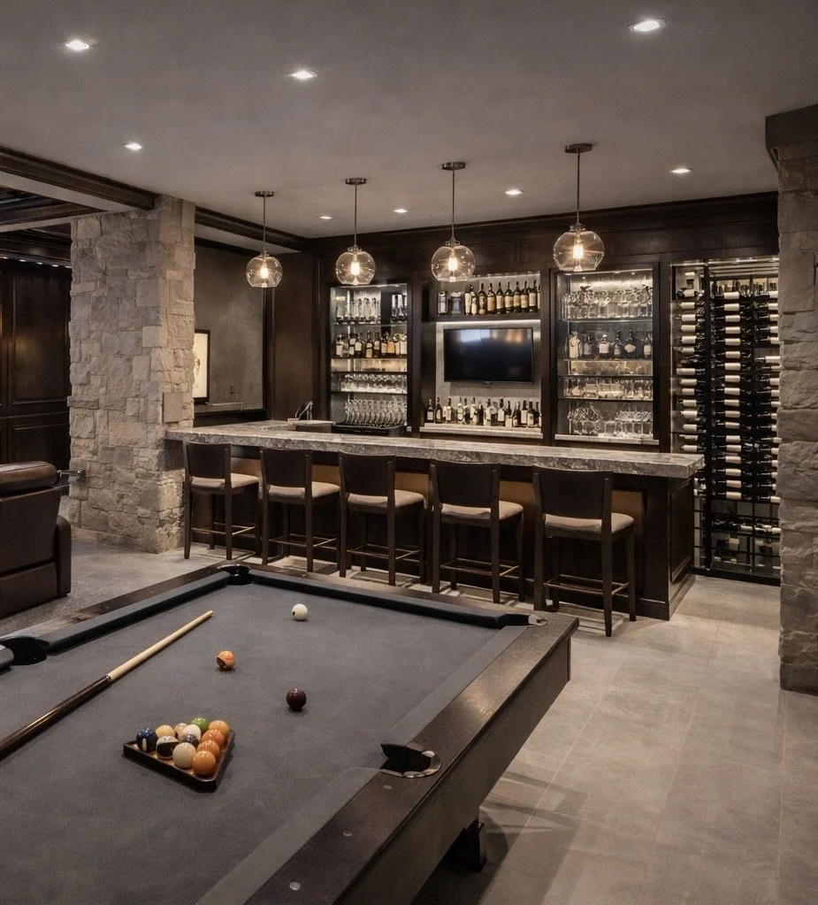 Luxury residential interior featuring a custom home bar, wine display, and entertainment lounge with stone walls and modern lighting design.