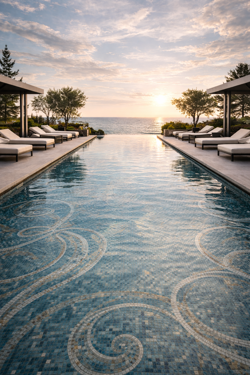 Infinity pool with outdoor lounge and landscape design, integrated indoor-outdoor living environment for a luxury residential project.