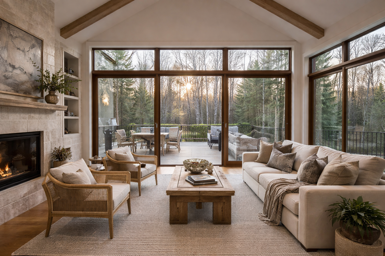 Open-concept living room with floor-to-ceiling windows creating seamless indoor-outdoor connection to forest landscape.