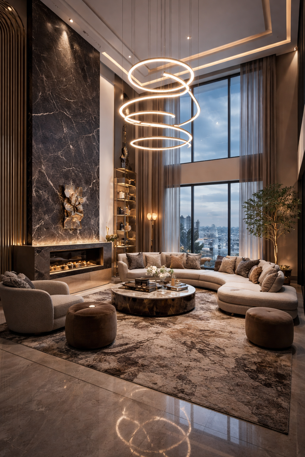 Double-height living room with modern luxury design, statement lighting, fireplace feature wall, and expansive city views.