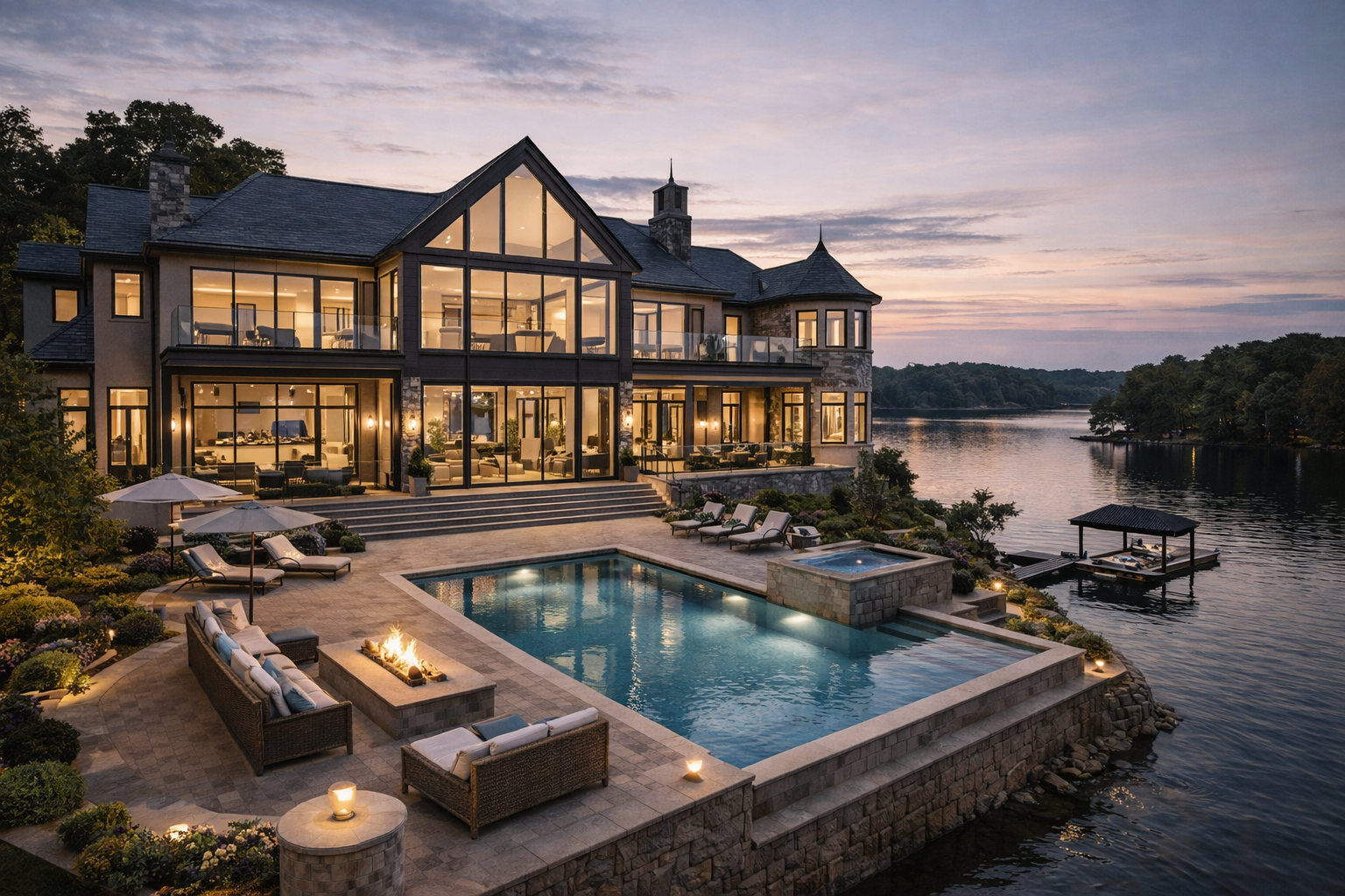 Modern luxury residence with integrated outdoor seating and architectural lighting, blending indoor and outdoor living spaces.