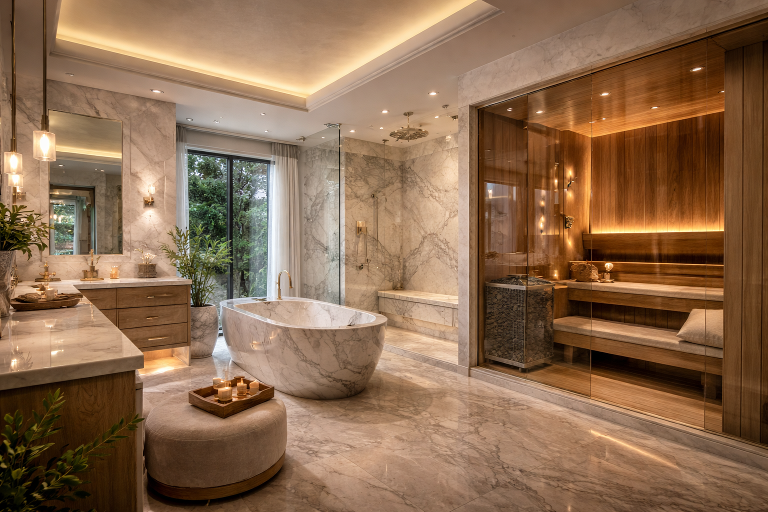 Double-height living room with modern luxury design, statement lighting, fireplace feature wall, and expansive city views.