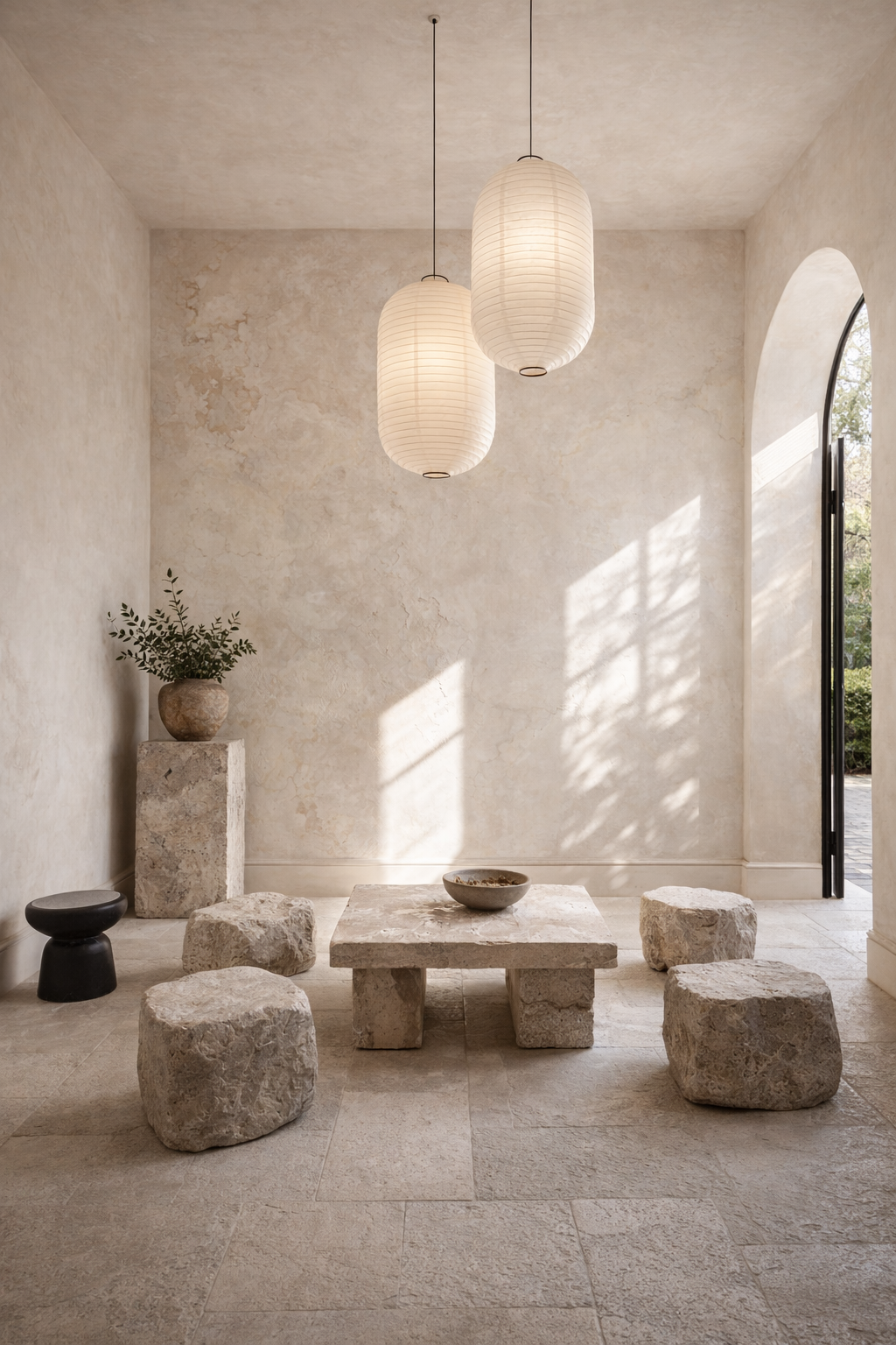 Minimalist interior space featuring natural stone furniture, soft textures, and filtered daylight creating a serene atmosphere.