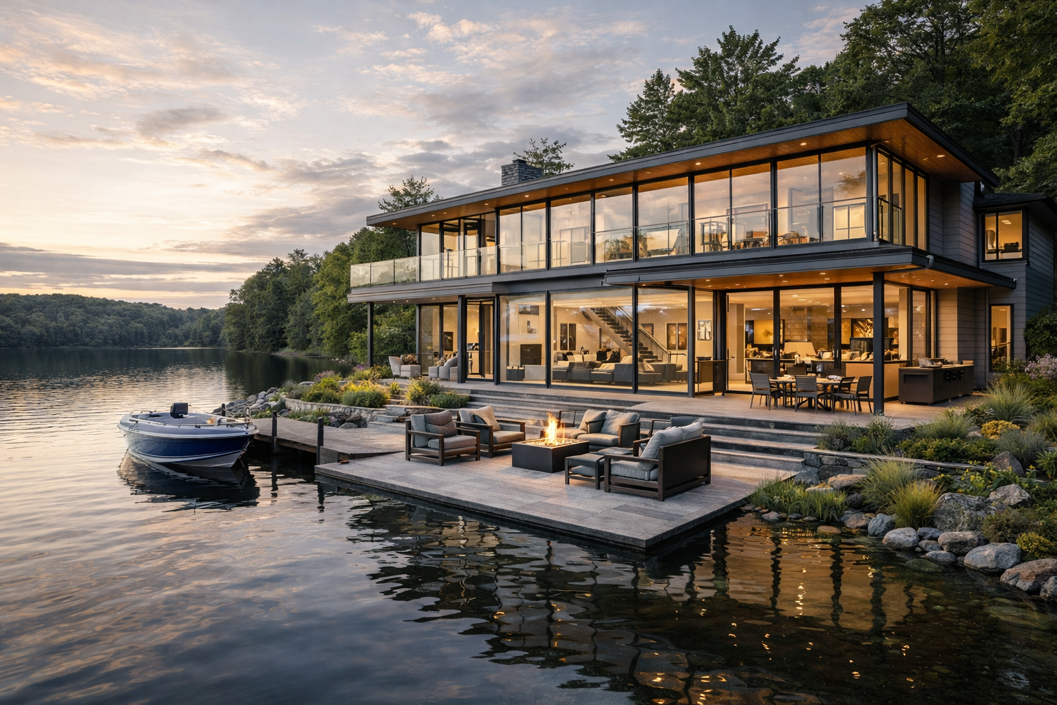 Modern lakeside residential architecture with integrated interior and outdoor living spaces, luxury home design project in North Carolina.
