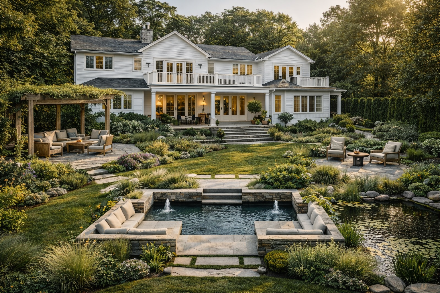 Luxury lakeside residence with integrated landscape design, formal garden, water features, and indoor-outdoor living spaces.