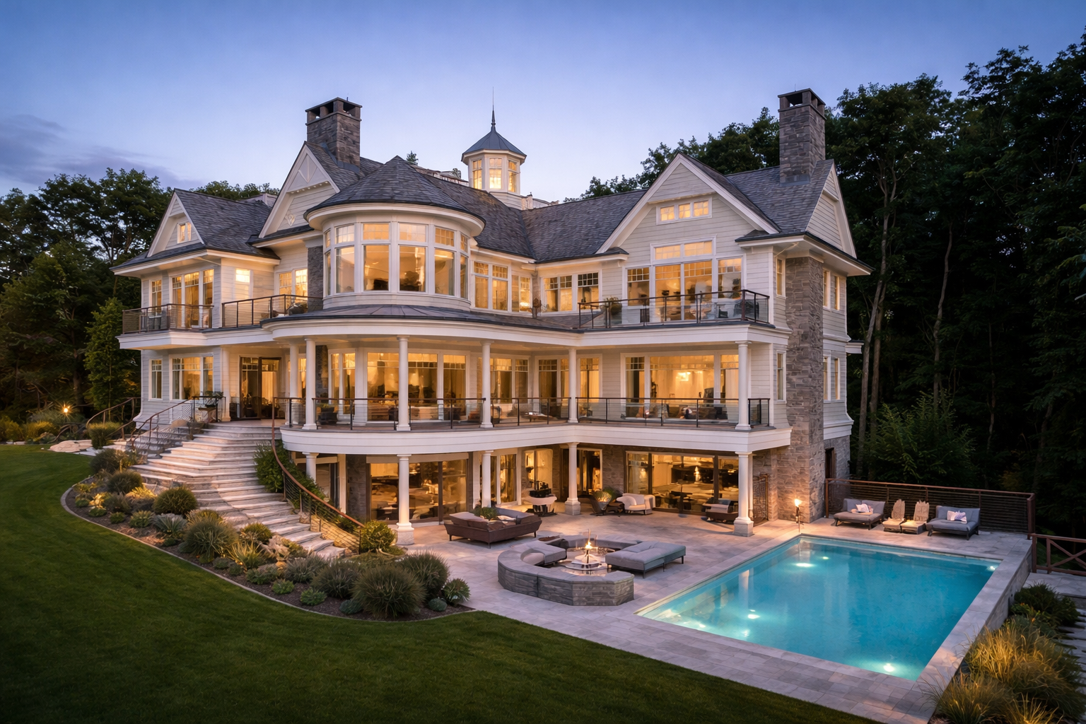 Modern Hamptons-style coastal luxury home with expansive balconies, st