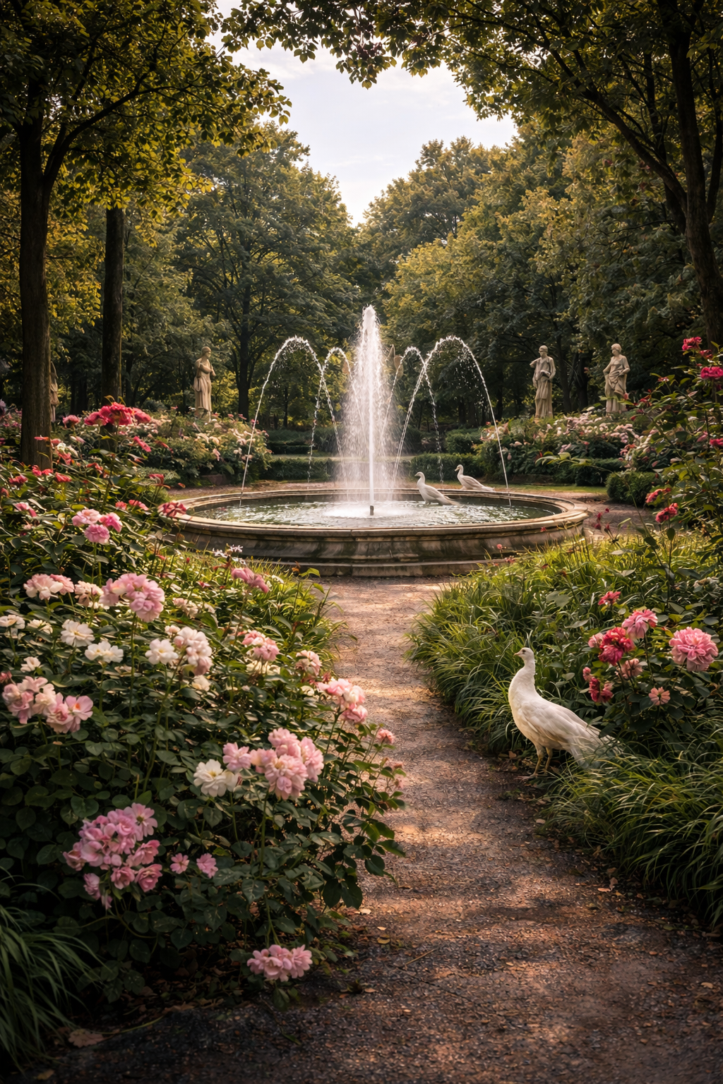 Formal garden landscape design with central fountain, lush greenery, and curated planting, creating a serene outdoor living environment.