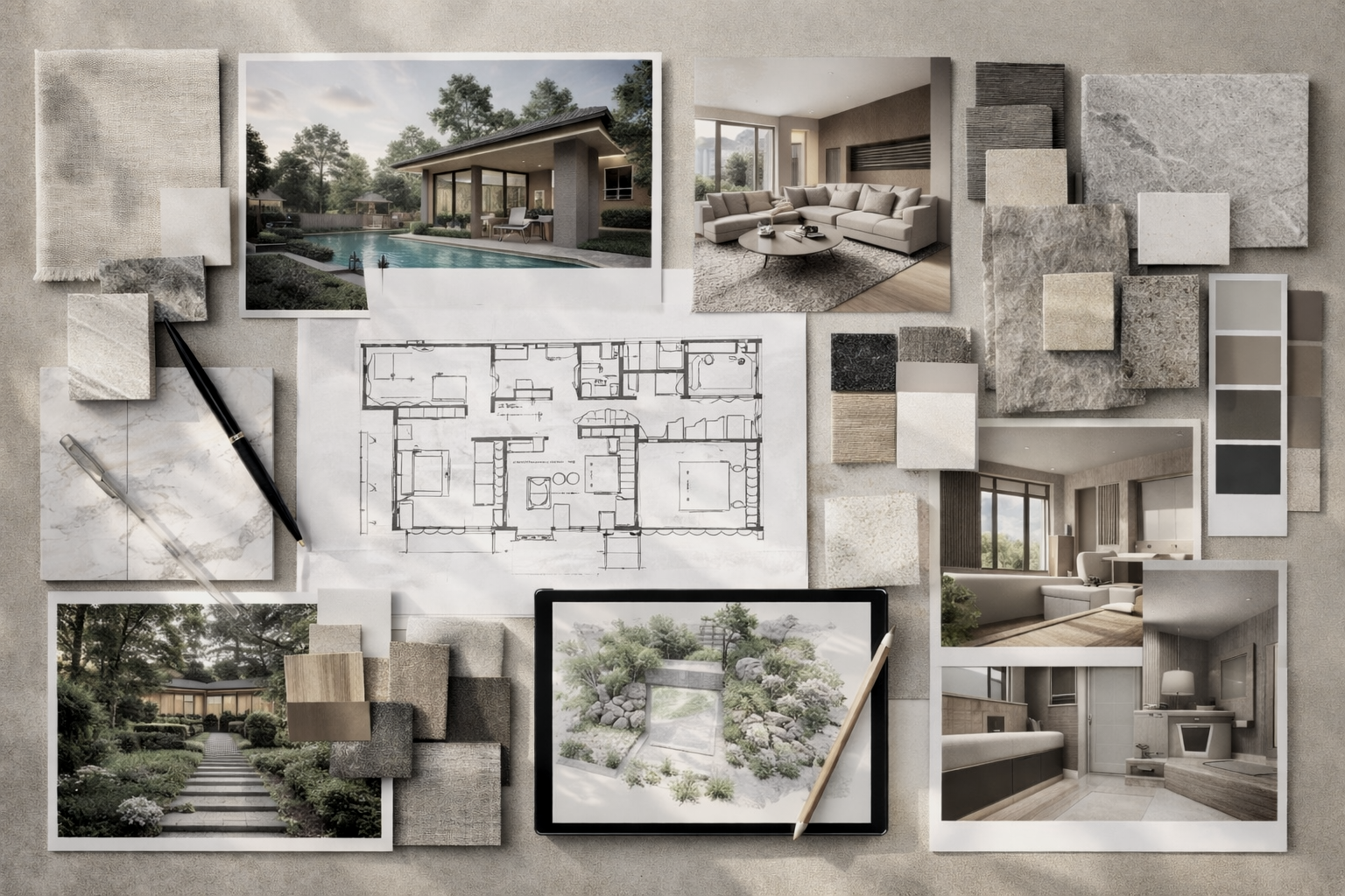 Design consulting collage featuring interior space planning, landscape integration, material studies, and architectural concepts for residential projects